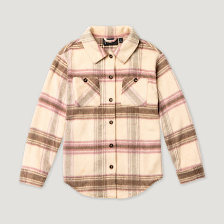 The Clearance Women's Hayley Plaid Shacket features long sleeves, button-up front, beige, brown, and pink plaid pattern, and two chest pockets with button flaps—perfect as a cozy jacket or stylish flannel shacket.