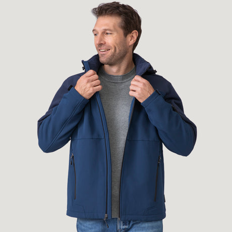 [Vince is 6’1” wearing a size Medium.] Men's Flat Lands Hurricane Softshell® Jacket - Denim Trails - M #color_denim_trails