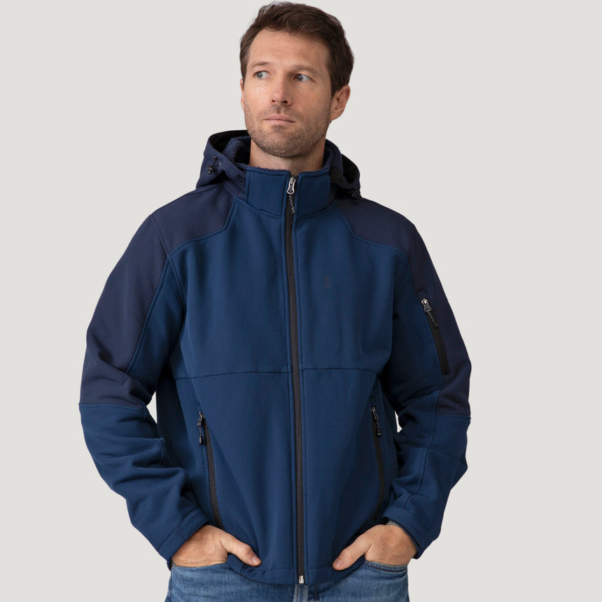 [Vince is 6’1” wearing a size Medium.] Men's Flat Lands Hurricane Softshell® Jacket - Denim Trails - M #color_denim_trails