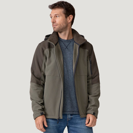 [Vince is 6’1” wearing a size Medium.] Men's Flat Lands Hurricane Softshell® Jacket - Lead Olive - M #color_lead_olive