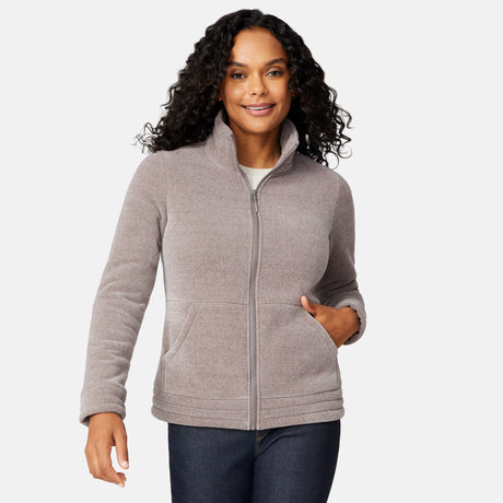 [Angelique is 5'10" wearing size S.] Women’s light brown zip-up jacket with high collar and textured finish, styled with two front pockets and paired with dark blue jeans against a plain white background.