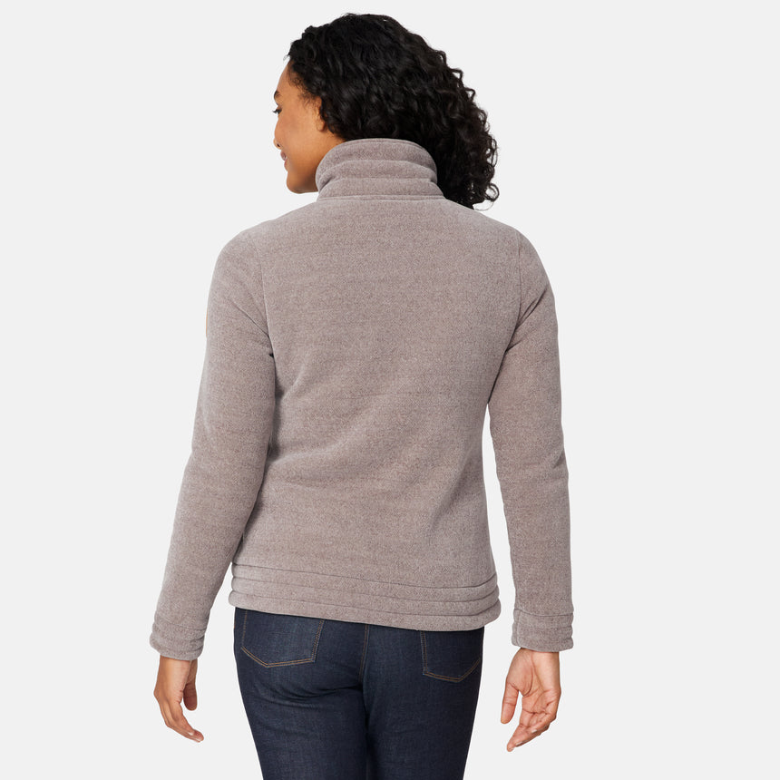 [Angelique is 5'10" wearing size S.] Women’s light brown zip-up jacket with high collar and textured finish, styled with two front pockets and paired with dark blue jeans against a plain white background.