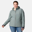 [Karissa is 5'9.5" wearing size 1X.] Light green hooded softshell jacket with zippered pockets on sides and sleeve; styled over blue jeans.