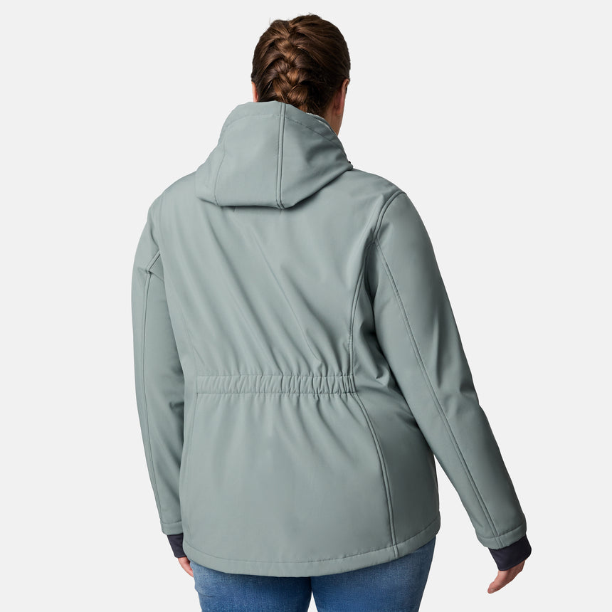 [Karissa is 5'9.5" wearing size 1X.] Light green hooded softshell jacket with zippered pockets on sides and sleeve; styled over blue jeans.