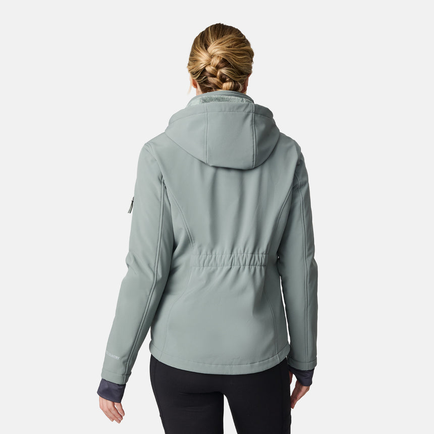 [CJ is 5'10" wearing size S.] Woman wearing a green Free Country softshell jacket with a hood on a white background