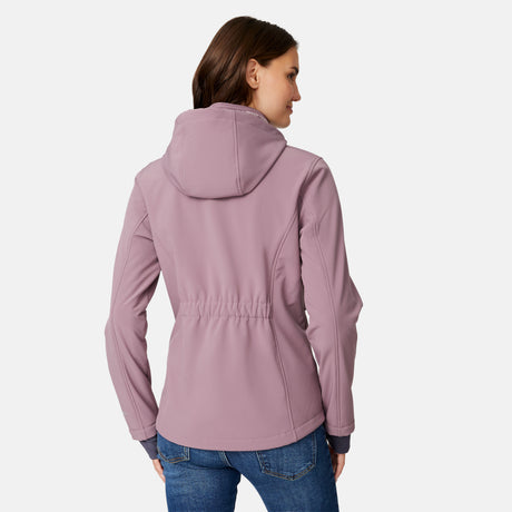[Jessica is 5'9.5" wearing size S.] Woman wearing a purple Free Country softshell jacket with a hood on a white background