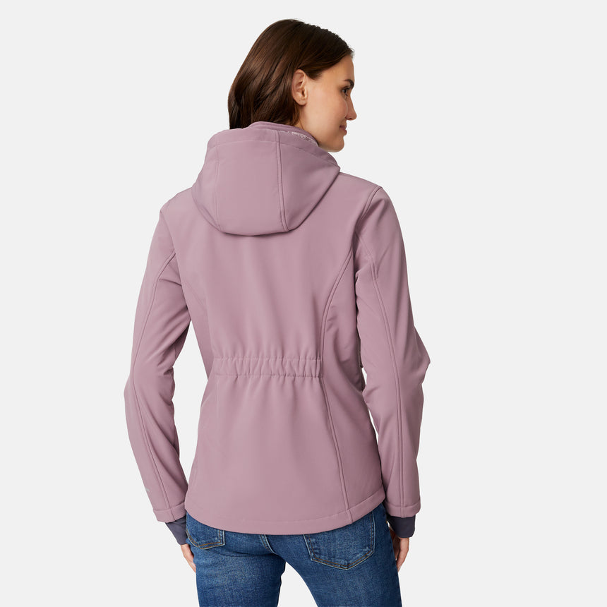 [Jessica is 5'9.5" wearing size S.] Woman wearing a purple Free Country softshell jacket with a hood on a white background