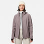 [Model is wearing size S.] A woman wearing a light dusty purple hooded jacket over a white turtleneck, paired with light beige pants and a cream beanie, standing against a solid light gray background.