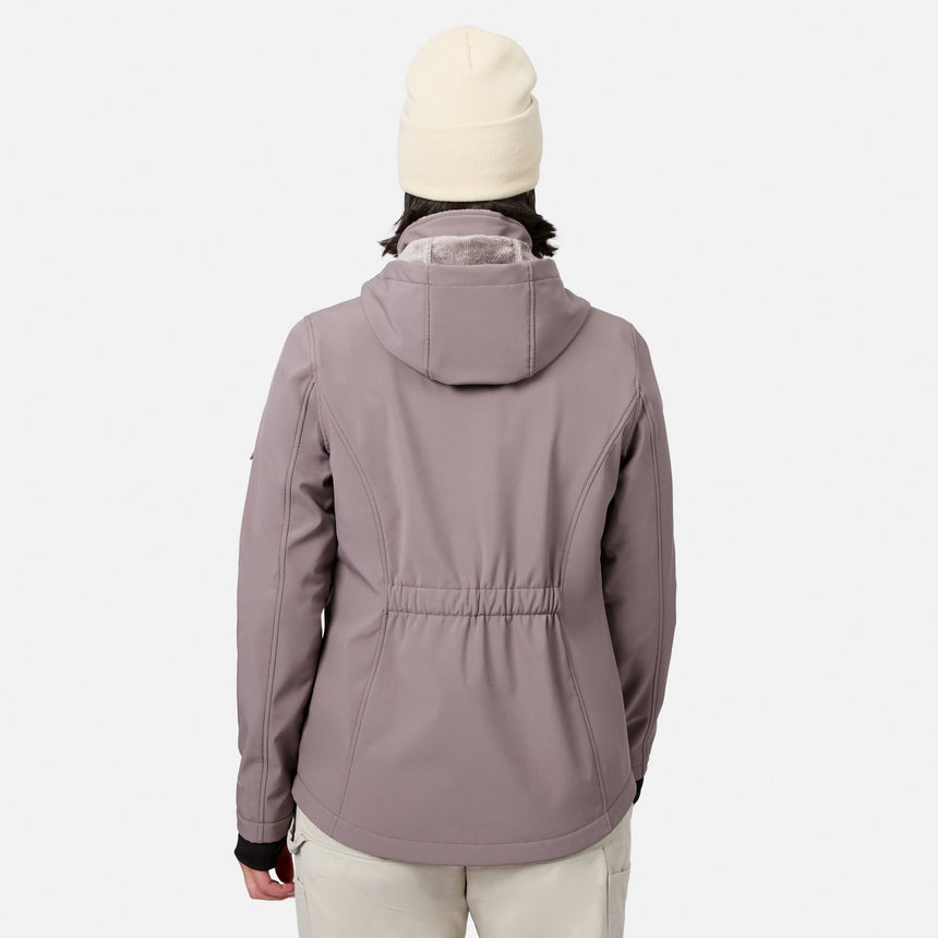 [Model is wearing size S.] A person shown from the back wearing a hooded jacket in a muted dusty mauve color, paired with a cream beanie and light pants, against a plain light gray studio background.