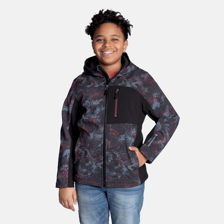 [Model is wearing size M.] Model wearing a red, black, and gray digital camo Free Country jacket featuring contrast side panels, zippered chest pocket, and full front zip; styled with denim for a bold, performance-ready outdoor look.