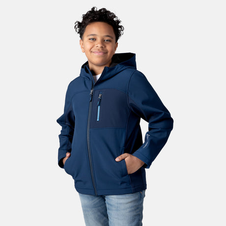 [Model is wearing size M.] Model wearing a blue Free Country softshell jacket with a contrast zippered chest pocket and side-entry hand pockets; lightweight water-resistant construction with an active fit, ideal for transitional weather and casual outdoor wear.