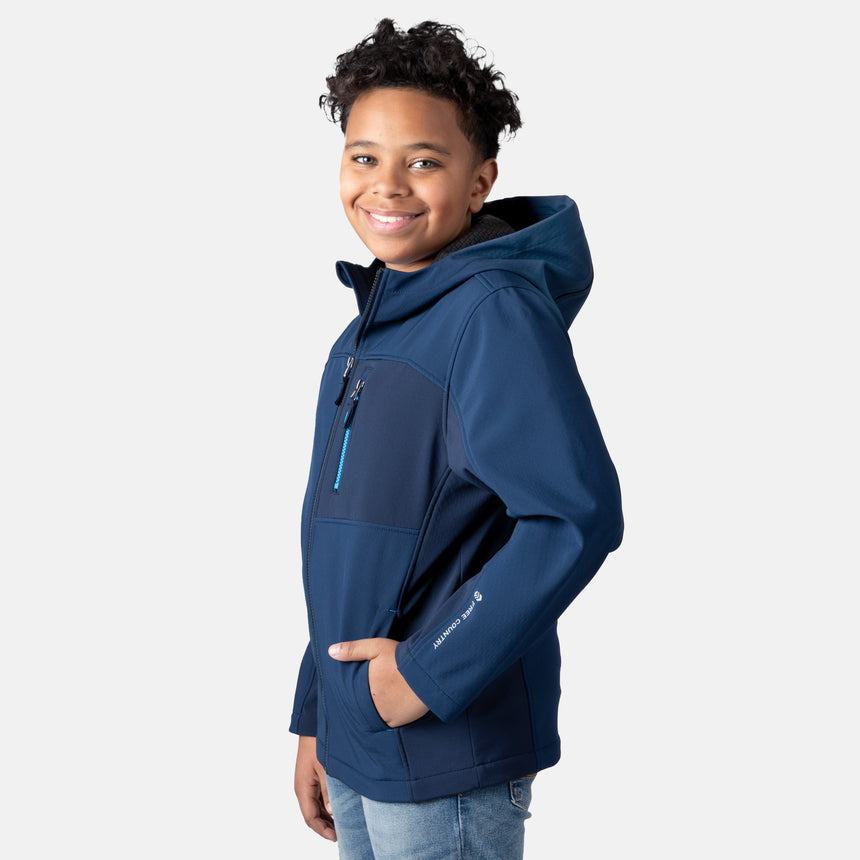 [Model is wearing size M.] Model wearing a blue Free Country softshell jacket with a contrast zippered chest pocket and side-entry hand pockets; lightweight water-resistant construction with an active fit, ideal for transitional weather and casual outdoor wear.