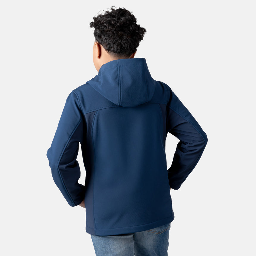 [Model is wearing size M.] Model wearing a blue Free Country softshell jacket with a contrast zippered chest pocket and side-entry hand pockets; lightweight water-resistant construction with an active fit, ideal for transitional weather and casual outdoor wear.