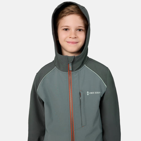A child wearing a dark gray hooded jacket with a high collar, orange zipper, and a white 'FREE COURS' logo on the chest, shown against a plain white background.