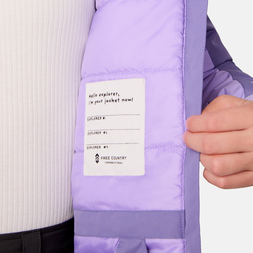 [Samantha is wearing size M.] Girls' colorblock purple and black hooded winter jacket with front zipper and zippered hand pockets — insulated outerwear for cold-weather adventures