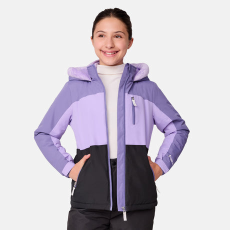 [Samantha is wearing size M.] Girls' colorblock purple and black hooded winter jacket with front zipper and zippered hand pockets — insulated outerwear for cold-weather adventures