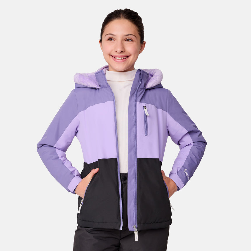 [Samantha is wearing size M.] Girls' colorblock purple and black hooded winter jacket with front zipper and zippered hand pockets — insulated outerwear for cold-weather adventures