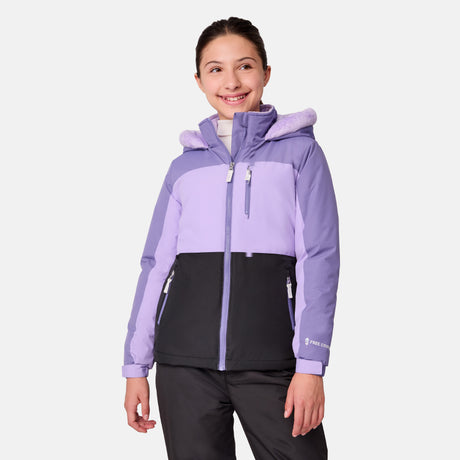 [Samantha is wearing size M.] Girls' colorblock purple and black hooded winter jacket with front zipper and zippered hand pockets — insulated outerwear for cold-weather adventures