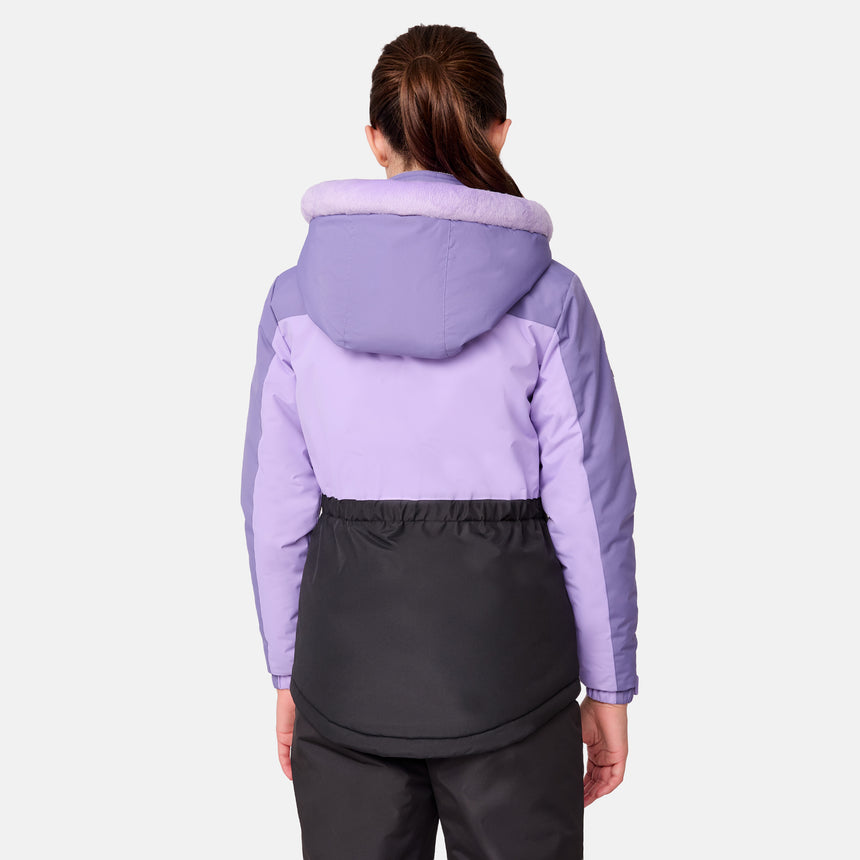 [Samantha is wearing size M.] Girls' colorblock purple and black hooded winter jacket with front zipper and zippered hand pockets — insulated outerwear for cold-weather adventures
