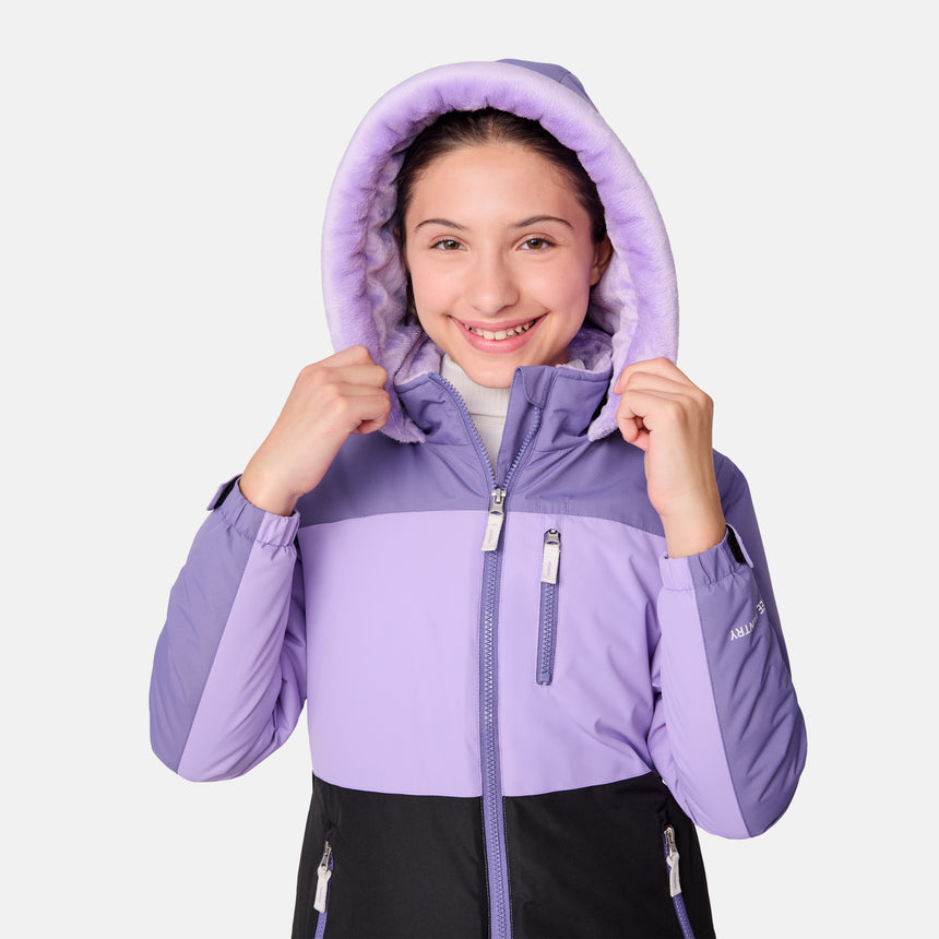 [Samantha is wearing size M.] Girls' colorblock purple and black hooded winter jacket with front zipper and zippered hand pockets — insulated outerwear for cold-weather adventures