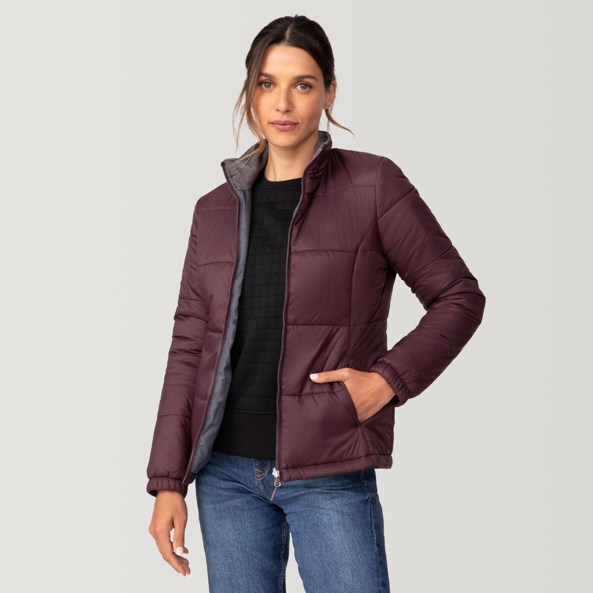 [Olga is 5’9” wearing a size Small.] Women's Back of Bell 3-in-1 Systems Jacket - S - Plumberry - #color_plumberry