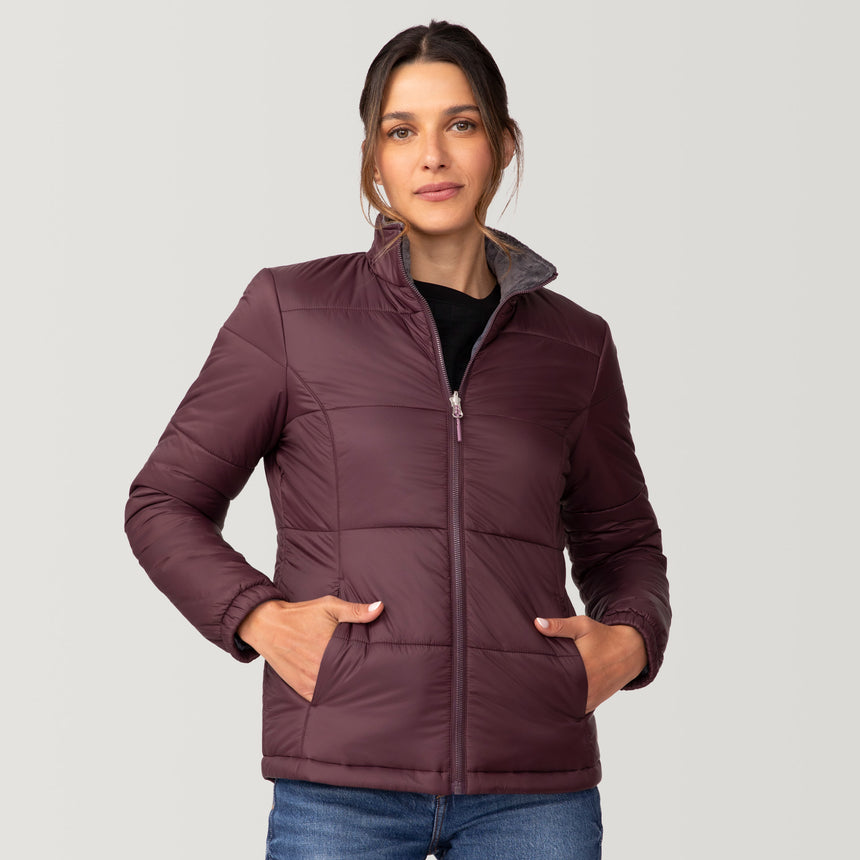 [Olga is 5’9” wearing a size Small.] Women's Back of Bell 3-in-1 Systems Jacket - S - Plumberry - #color_plumberry