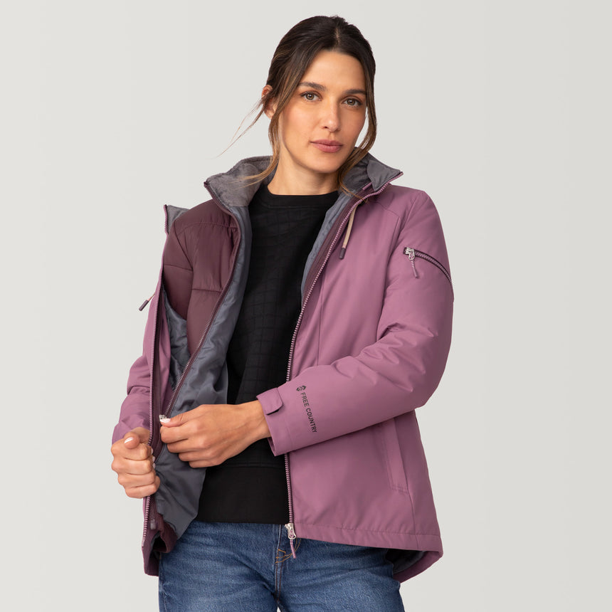 [Olga is 5’9” wearing a size Small.] Women's Back of Bell 3-in-1 Systems Jacket - S - Plumberry - #color_plumberry