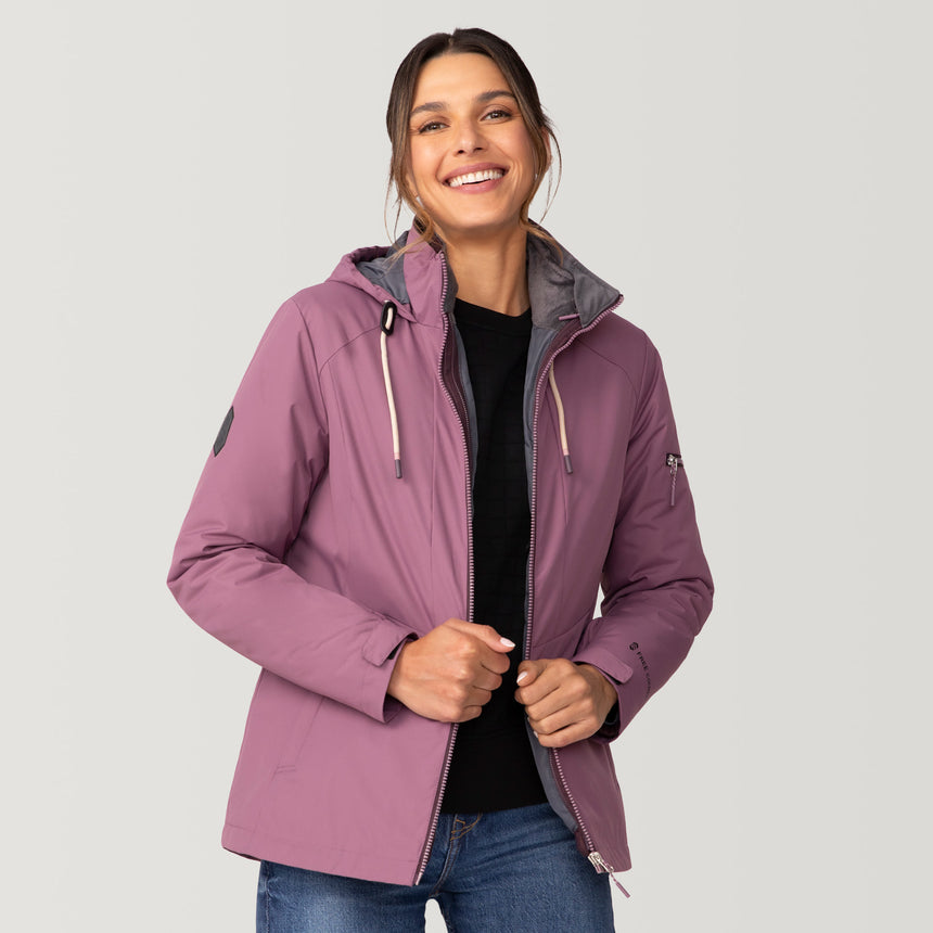 [Olga is 5’9” wearing a size Small.] Women's Back of Bell 3-in-1 Systems Jacket - S - Plumberry - #color_plumberry