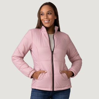 [Shelby is 5’9” wearing a size Small.] Woman wearing Free Country Women's Back of Bell 3-in-1 Systems Jacket in brown with a full front zipper opening, soft lining, attached hood with adjustable drawcords, and water resistant and wind resistant stretch performance fabric, inner puffer jacket, outer shell for weather, light grey background. Perfect women’s  jacket for fall weather.