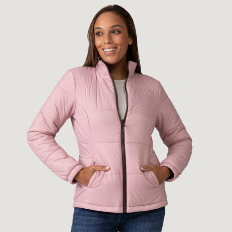 [Shelby is 5’9” wearing a size Small.] Woman wearing Free Country Women's Back of Bell 3-in-1 Systems Jacket in brown with a full front zipper opening, soft lining, attached hood with adjustable drawcords, and water resistant and wind resistant stretch performance fabric, inner puffer jacket, outer shell for weather, light grey background. Perfect women’s  jacket for fall weather.