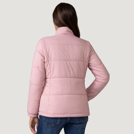 [Shelby is 5’9” wearing a size Small.] Woman wearing Free Country Women's Back of Bell 3-in-1 Systems Jacket in brown with a full front zipper opening, soft lining, attached hood with adjustable drawcords, and water resistant and wind resistant stretch performance fabric, inner puffer jacket, outer shell for weather, light grey background. Perfect women’s  jacket for fall weather.