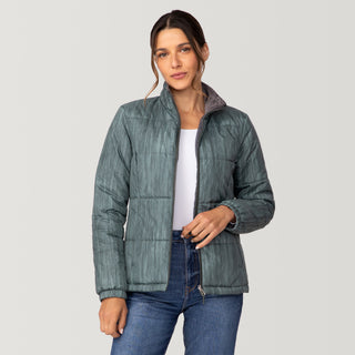 [Olga is 5’9” wearing a size Small.] Woman wearing Free Country Women's Back of Bell 3-in-1 Systems Jacket in light blue with a full front zipper opening, soft lining, attached hood with adjustable drawcords, and water resistant and wind resistant stretch performance fabric, inner puffer jacket, outer shell for weather, light grey background. Perfect women’s  jacket for fall weather.
