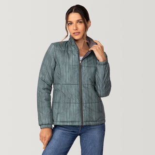 [Olga is 5’9” wearing a size Small.] Woman wearing Free Country Women's Back of Bell 3-in-1 Systems Jacket in light blue with a full front zipper opening, soft lining, attached hood with adjustable drawcords, and water resistant and wind resistant stretch performance fabric, inner puffer jacket, outer shell for weather, light grey background. Perfect women’s  jacket for fall weather.
