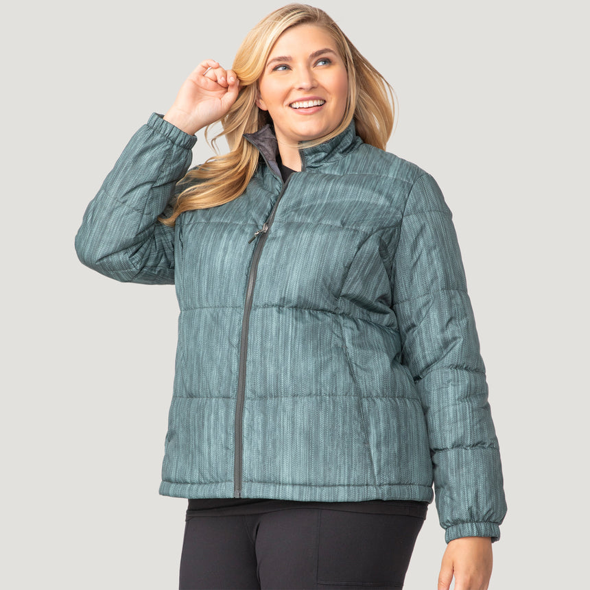 [Lola is 5'10.5" wearing a size 1X.] Women's Plus Size Back of Bell 3-in-1 Systems Jacket - 1X - Willow #color_willow