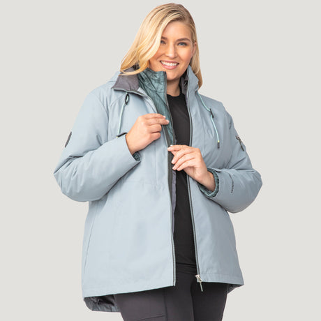 [Lola is 5'10.5" wearing a size 1X.] Women's Plus Size Back of Bell 3-in-1 Systems Jacket - 1X - Willow #color_willow