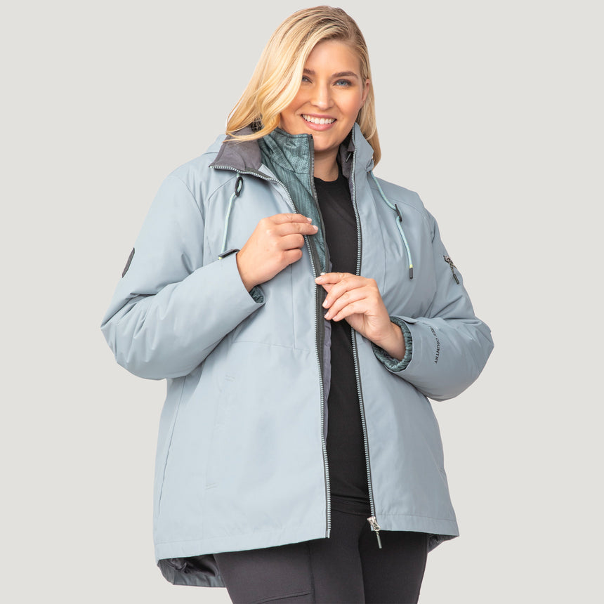 [Lola is 5'10.5" wearing a size 1X.] Women's Plus Size Back of Bell 3-in-1 Systems Jacket - 1X - Willow #color_willow