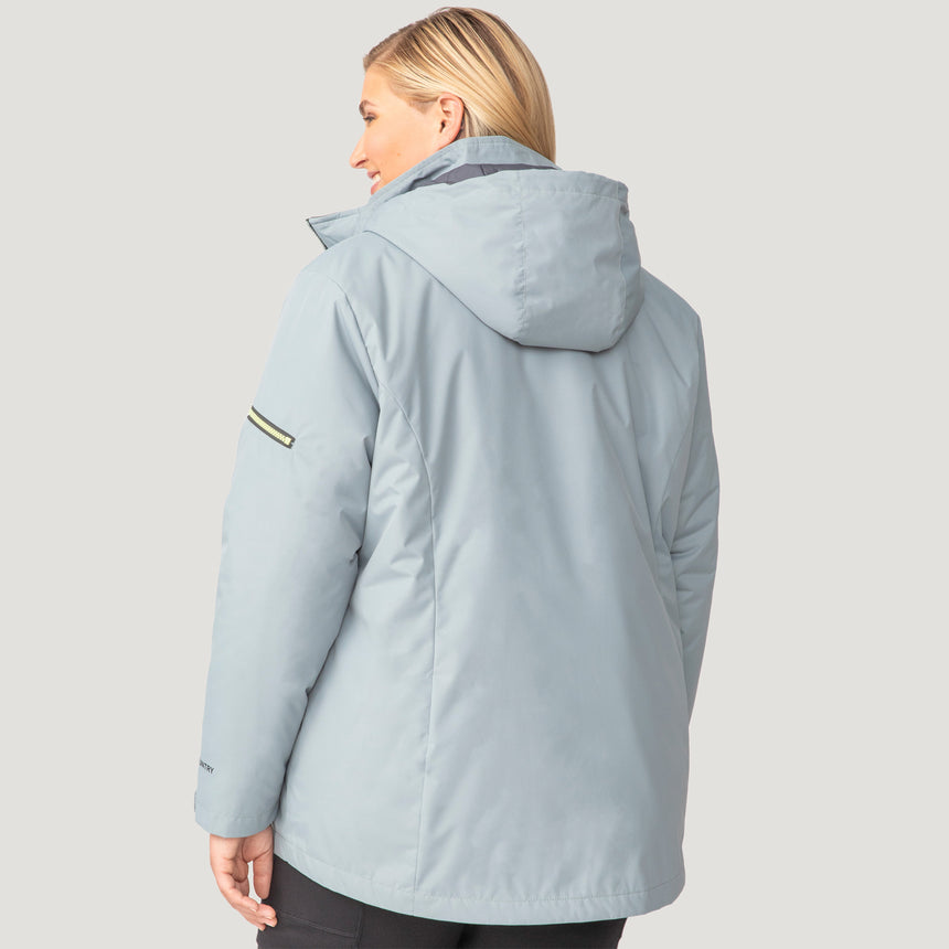 [Lola is 5'10.5" wearing a size 1X.] Women's Plus Size Back of Bell 3-in-1 Systems Jacket - 1X - Willow #color_willow