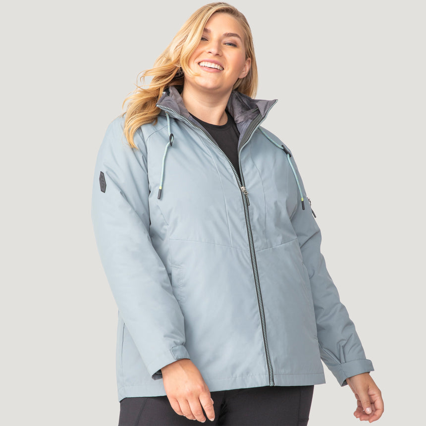 [Lola is 5'10.5" wearing a size 1X.] Women's Plus Size Back of Bell 3-in-1 Systems Jacket - 1X - Willow #color_willow