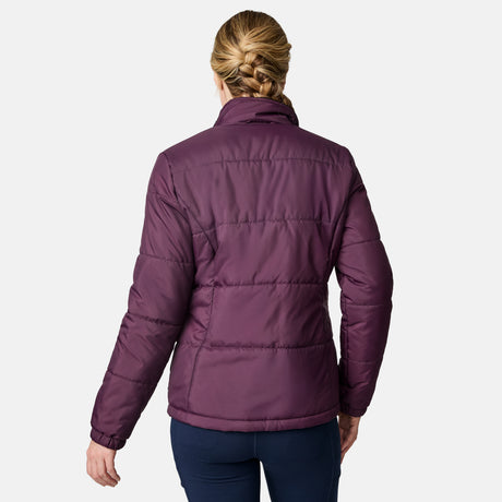 A woman with her hair tied back, shown from behind against a light background, wears dark pants and the plum Women's Back of Bell 3-in-1 Systems Jacket by Free Country.