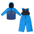 Free Country Boys’ Toddler Jacket & Bib Pant Snow Set in Navy Table, featuring a hooded jacket with a patterned midsection and matching navy blue bib pants.