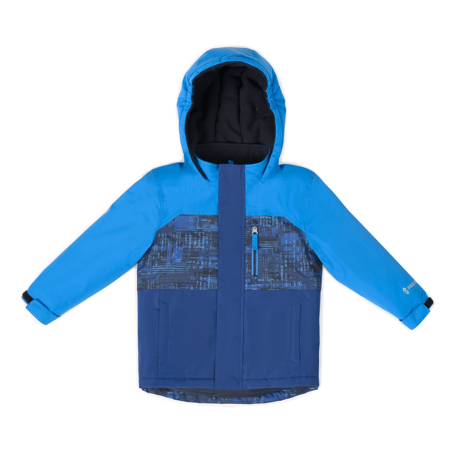 Blue Free Country Boys’ Toddler Jacket & Bib Pant Snow Set featuring a hooded jacket with a dark blue geometric pattern on the chest and a center front zipper.