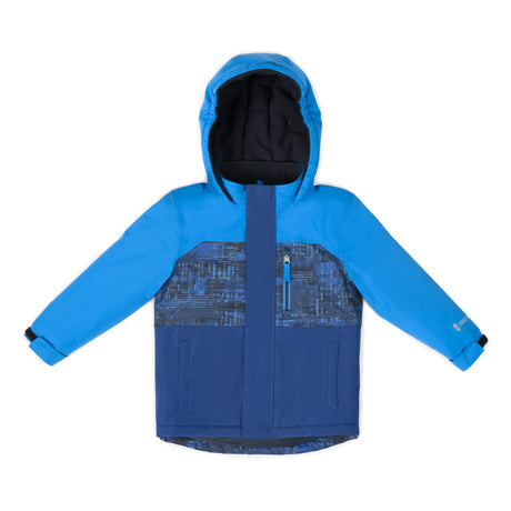Blue Free Country Boys’ Toddler Jacket & Bib Pant Snow Set featuring a hooded jacket with a dark blue geometric pattern on the chest and a center front zipper.