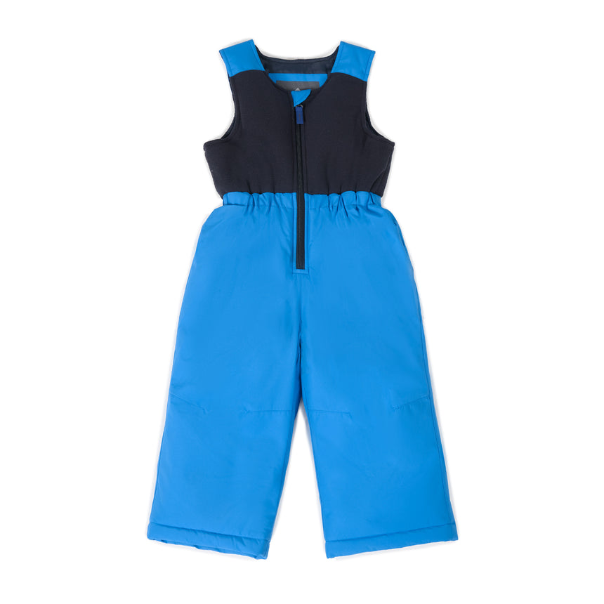 Free Country Boys’ Toddler Jacket & Bib Pant Snow Set featuring blue and black insulated snow bibs with a front zipper closure.