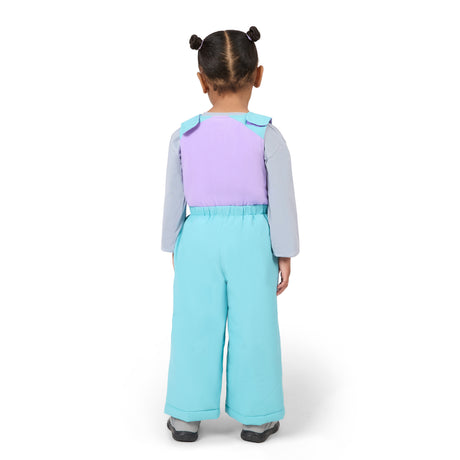 A child model shown from the back wearing a light blue wide-leg jumpsuit with a lavender back panel and light gray sleeves, photographed against a clean white studio background.