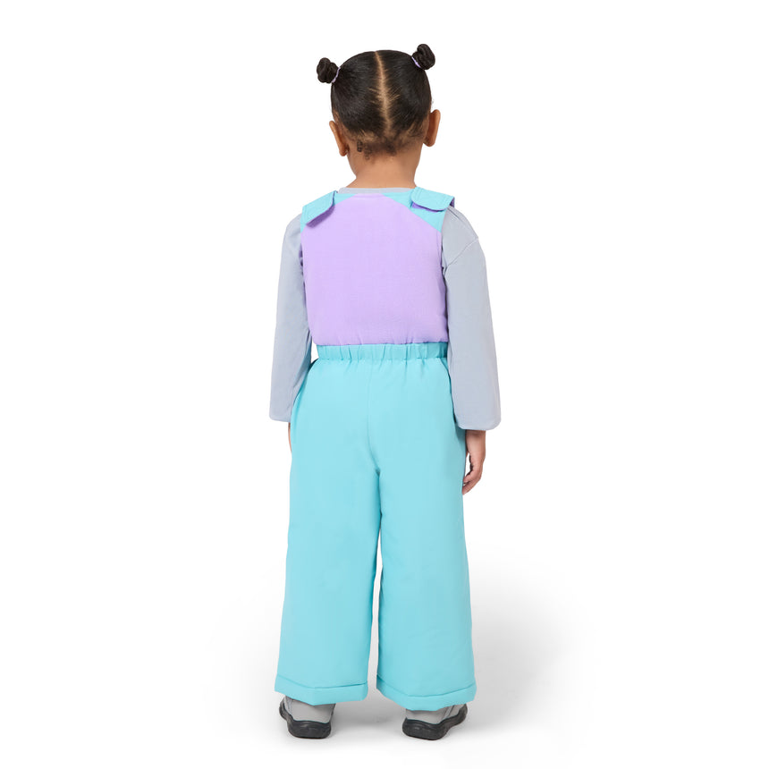 A child model shown from the back wearing a light blue wide-leg jumpsuit with a lavender back panel and light gray sleeves, photographed against a clean white studio background.