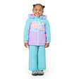 A young child wearing a light blue and lavender hooded snowsuit with pastel tie-dye panels on the chest, standing against a plain white background.