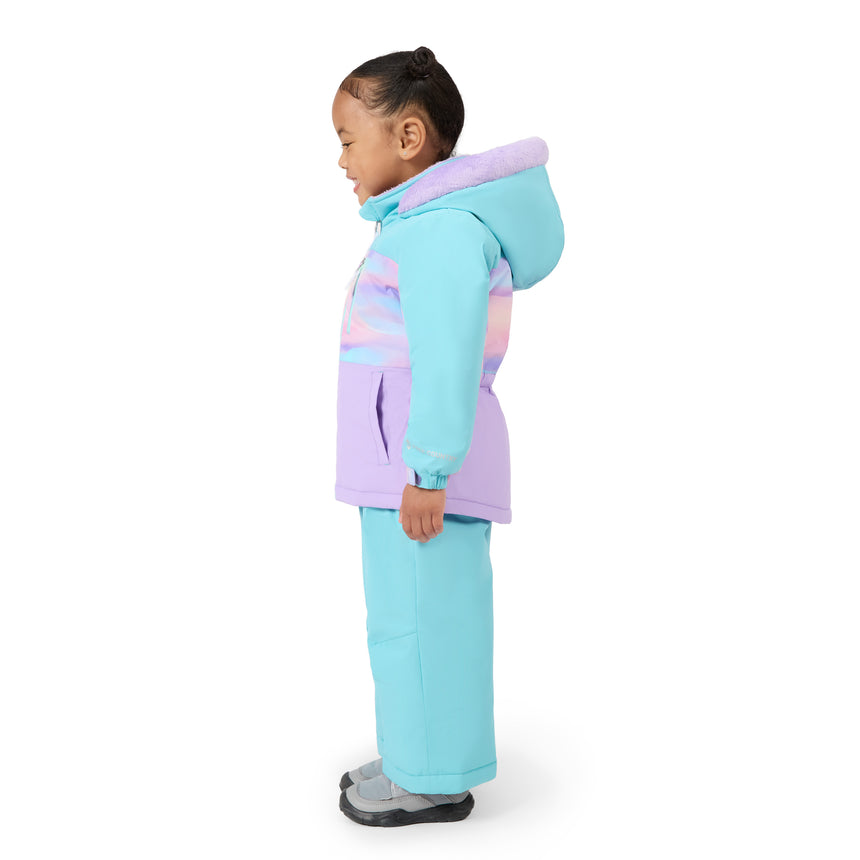 A child model shown in profile wearing a light blue and lavender hooded snowsuit with matching pants and gray shoes, photographed against a clean white background.