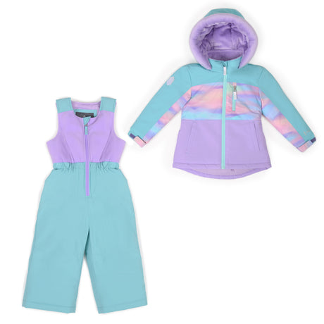A children's winter outfit set consisting of a light blue snow pants suit and a matching hooded jacket. The jacket features a lavender purple body, light blue sleeves, and a pastel pink and blue iridescent horizontal stripe pattern across the chest.