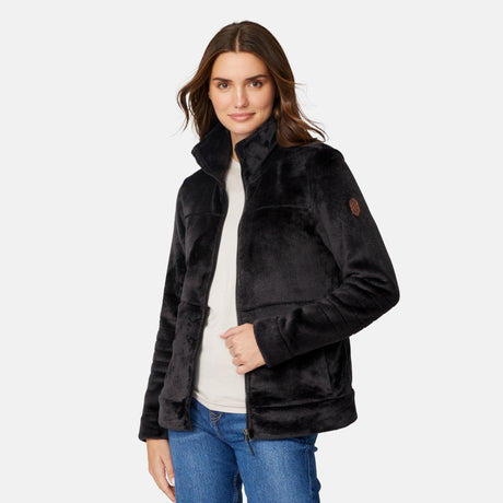 [Jessica is 5'9.5" wearing size S.] Woman wearing a black Frosted Butter Pile® fleece jacket on a white background