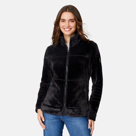 [Jessica is 5'9.5" wearing size S.] Woman wearing a black Frosted Butter Pile® fleece jacket on a white background